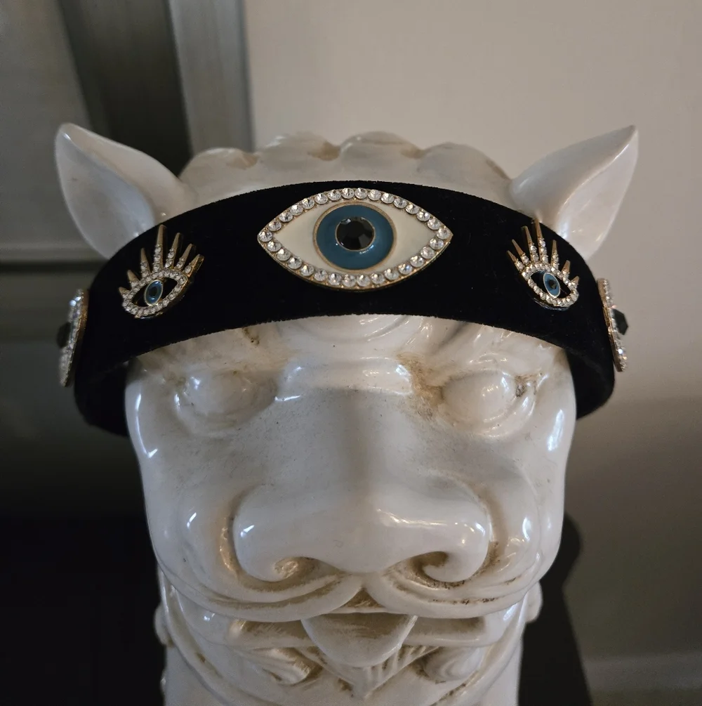Hey Queen! Wear This Blk Velvet Crown Jewelled Evil Eye Designer Headband